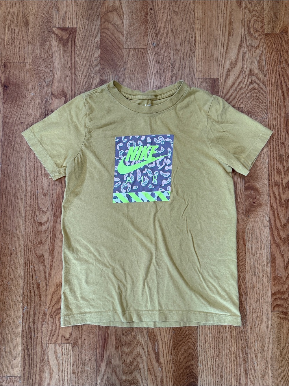Nike Air Kids mustard yellow Graphic Tee with Neon Logo Panel
